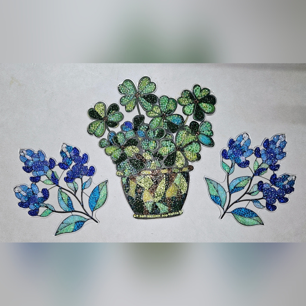 Custom Blinged Acrylics Basket Of Lucky Clovers/Side Blooms Of Texas Bluebonnets